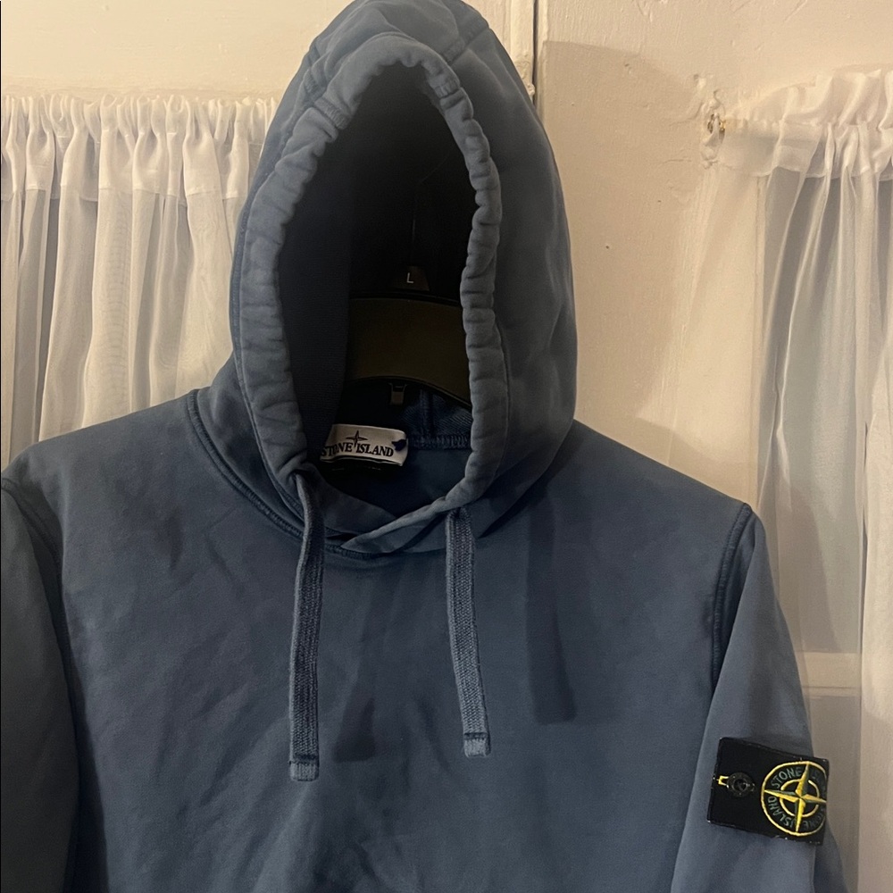 Stone Island Blue Cotton Pullover Hoodie with Logo Patch On sleeve Men’s Medium - Picture 3 of 14